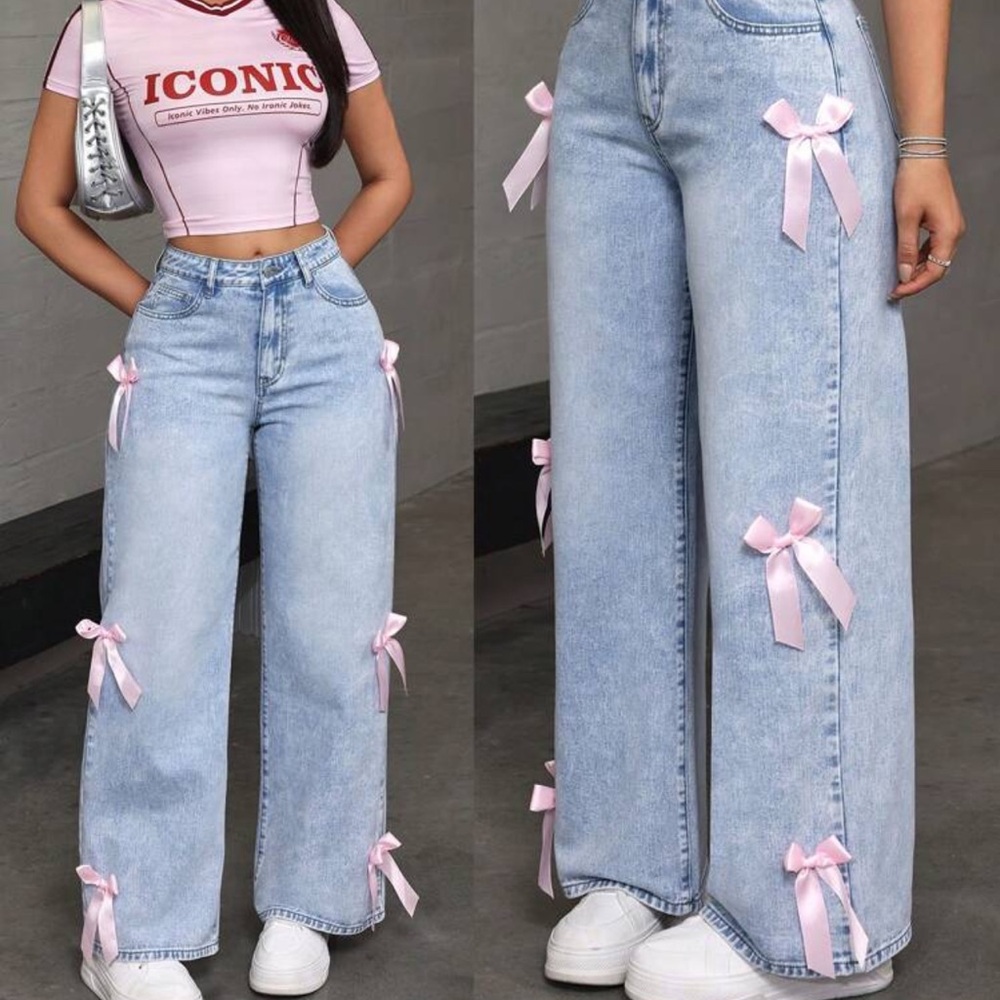 Light Blue Jeans with Pink Bow Accents
